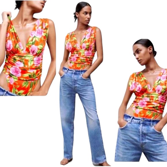 NWOT Zara Floral Print Draped Bodysuit - Picture 1 of 15